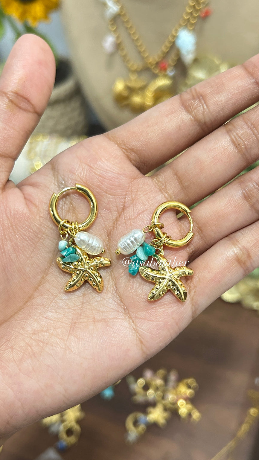 Starfish With Green Natural Stone Hoop