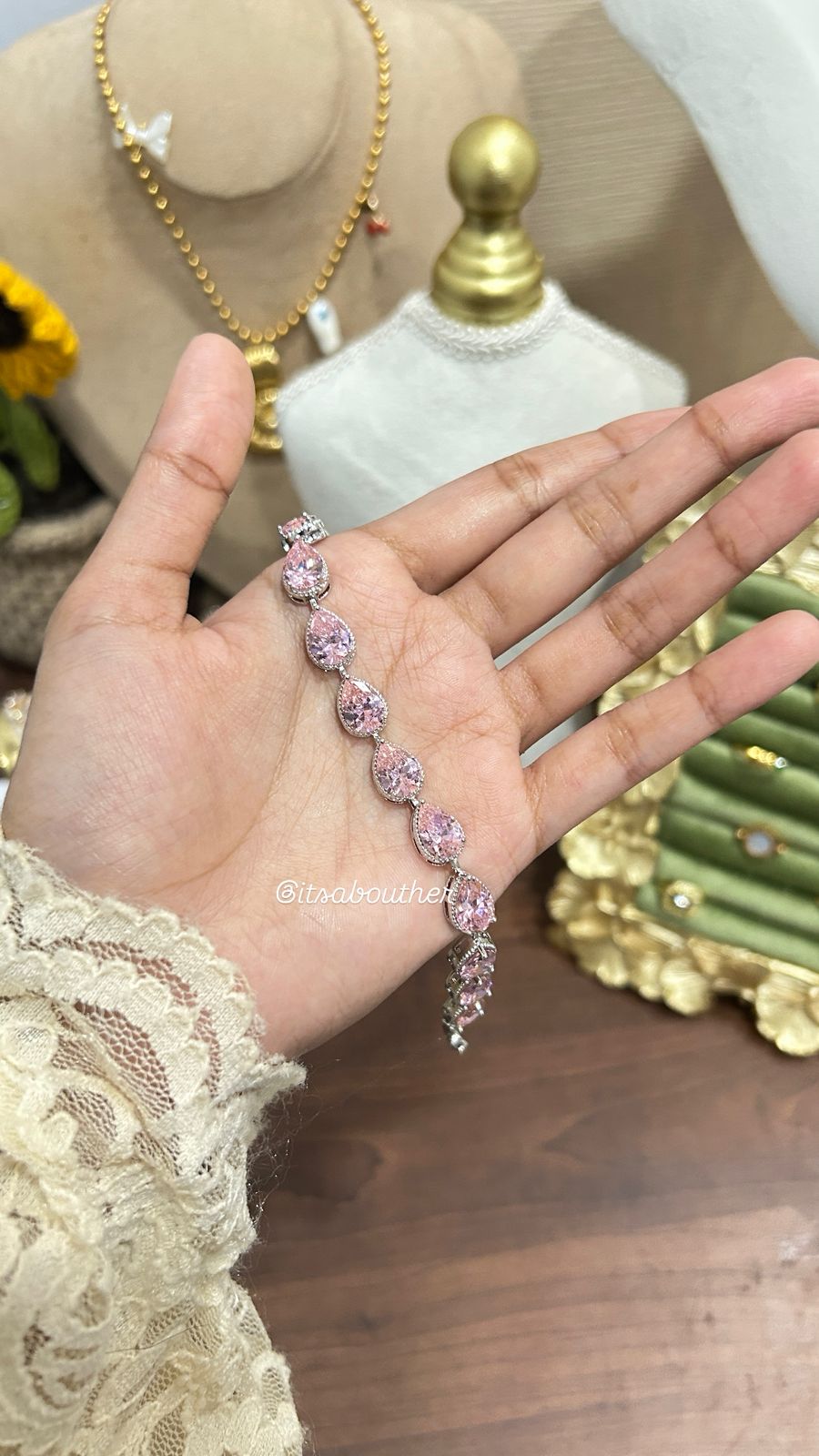 Pink Crystal Drop Silver Bracelet